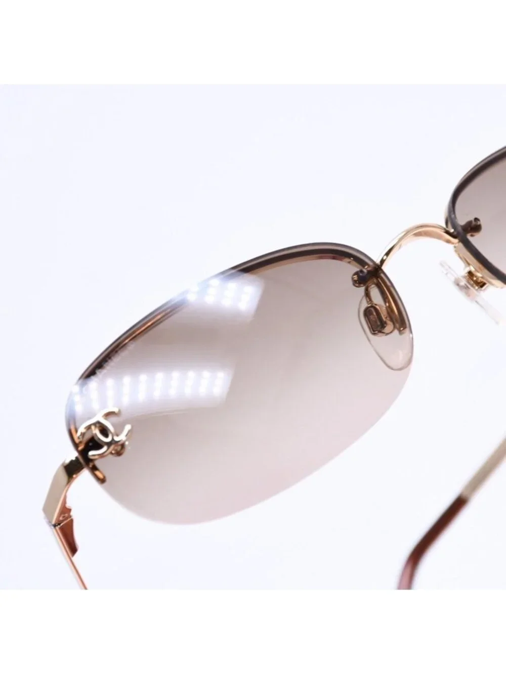 Chanel Half Rim Sunglasses Eyewear CC Logo Brown Gold